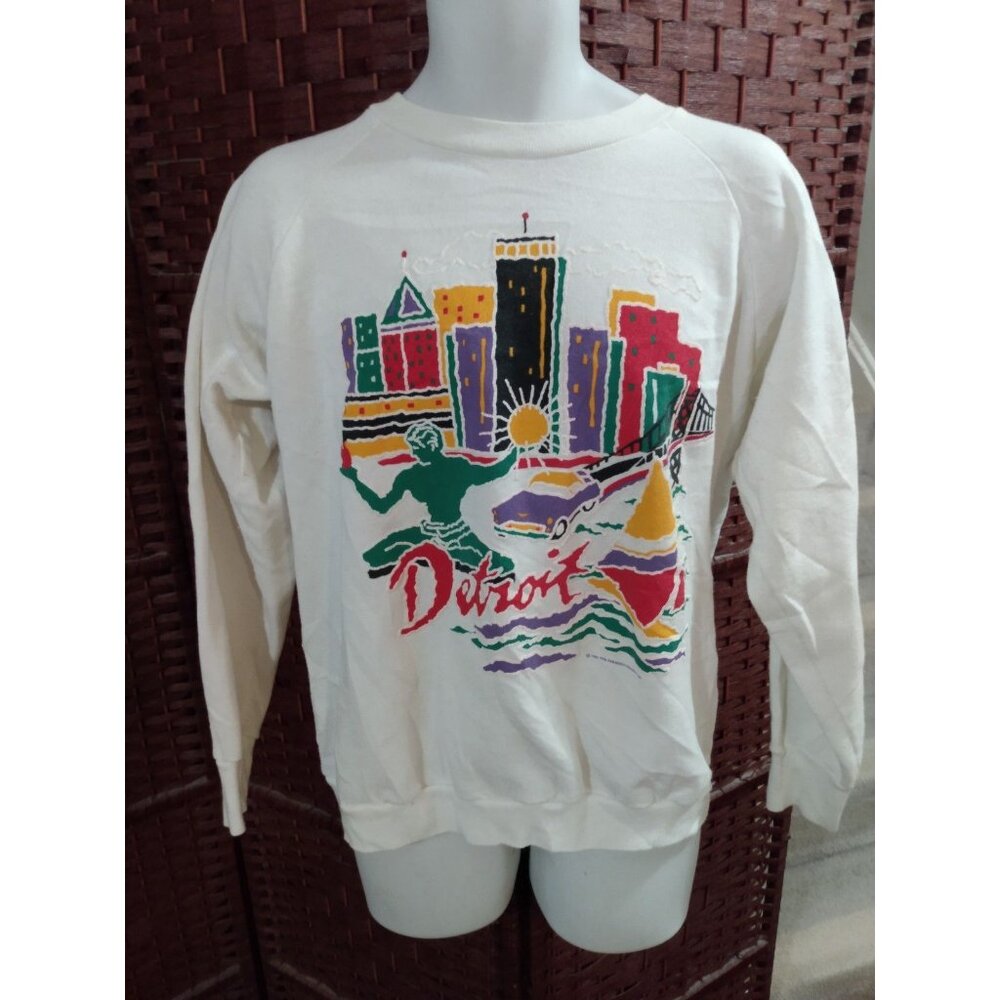 Vintage 90s Detroit City Graphic Sweatshirt Skyline Retro Art Large
